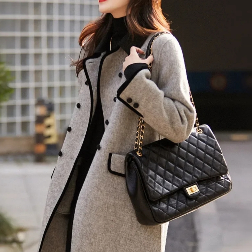 Coat Women's Autumn and Winter New Splicing Lapel Double Breasted - Picture 1 of 5